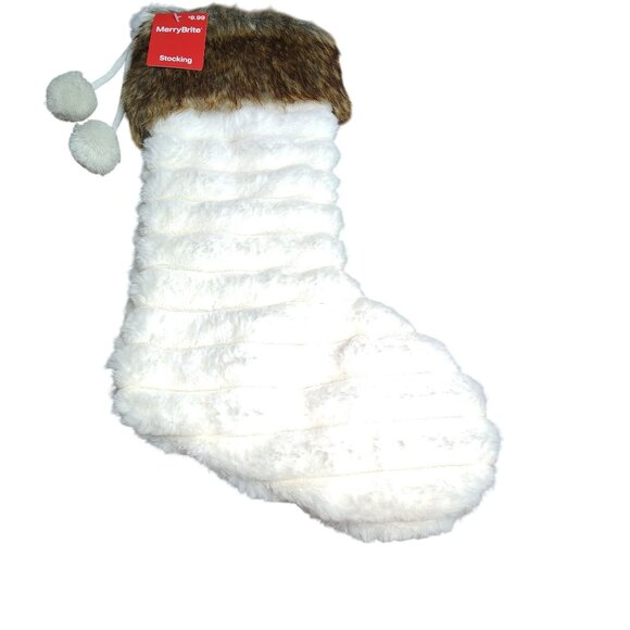 Merry Brite 21 inch Faux Fur Christmas Stocking With Pom Poms - Picture 3 of 4